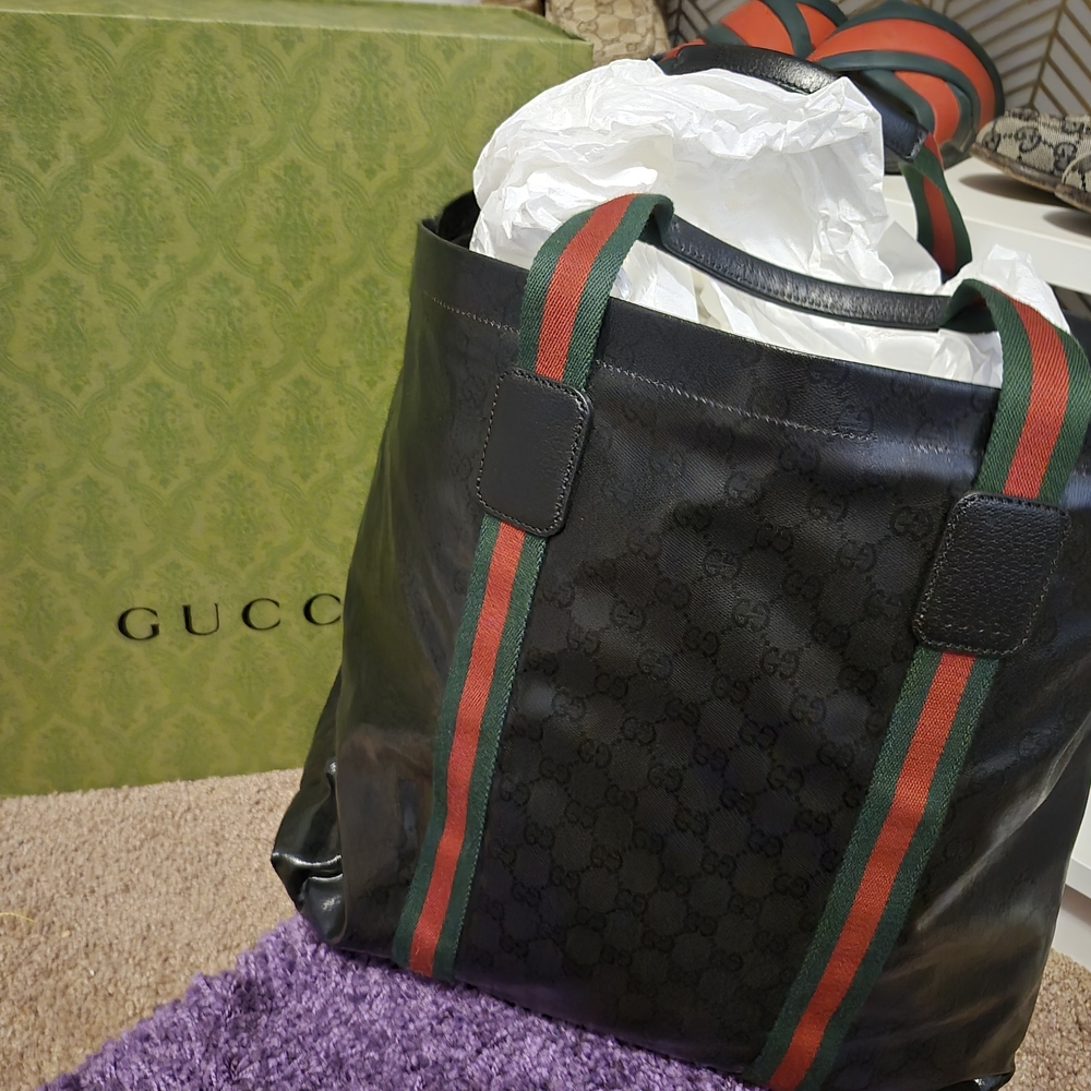Gucci Black Tote Bag with Green and Red Stripes